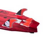 Red surfboard tail with a Wingman 4 Fin Set and key.