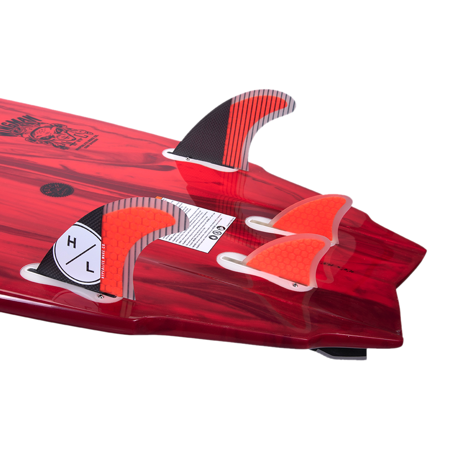 Red surfboard tail with a Wingman 4 Fin Set and key.