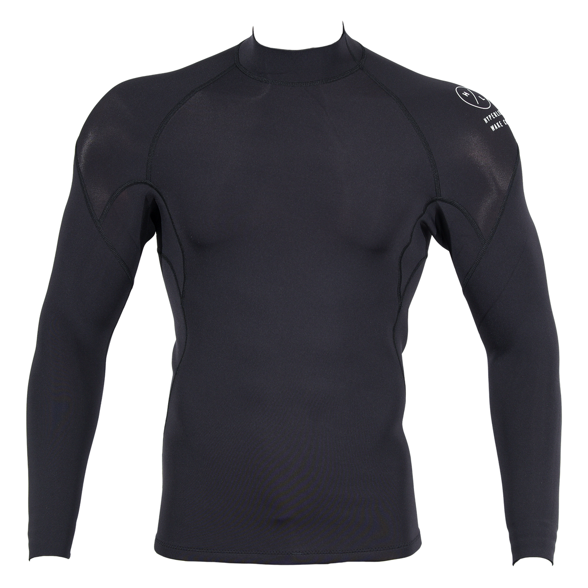 Front view of Wetsuit Top in black with long sleeves, a mock neck and a white Hyperlite shoulder logo.