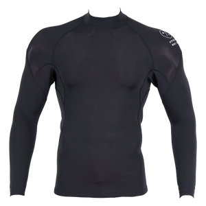 Front view of Wetsuit Top in black with long sleeves, a mock neck and a white Hyperlite shoulder logo.