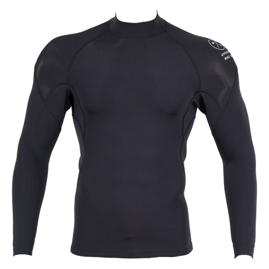 Front view of Wetsuit Top in black with long sleeves, a mock neck and a white Hyperlite shoulder logo.