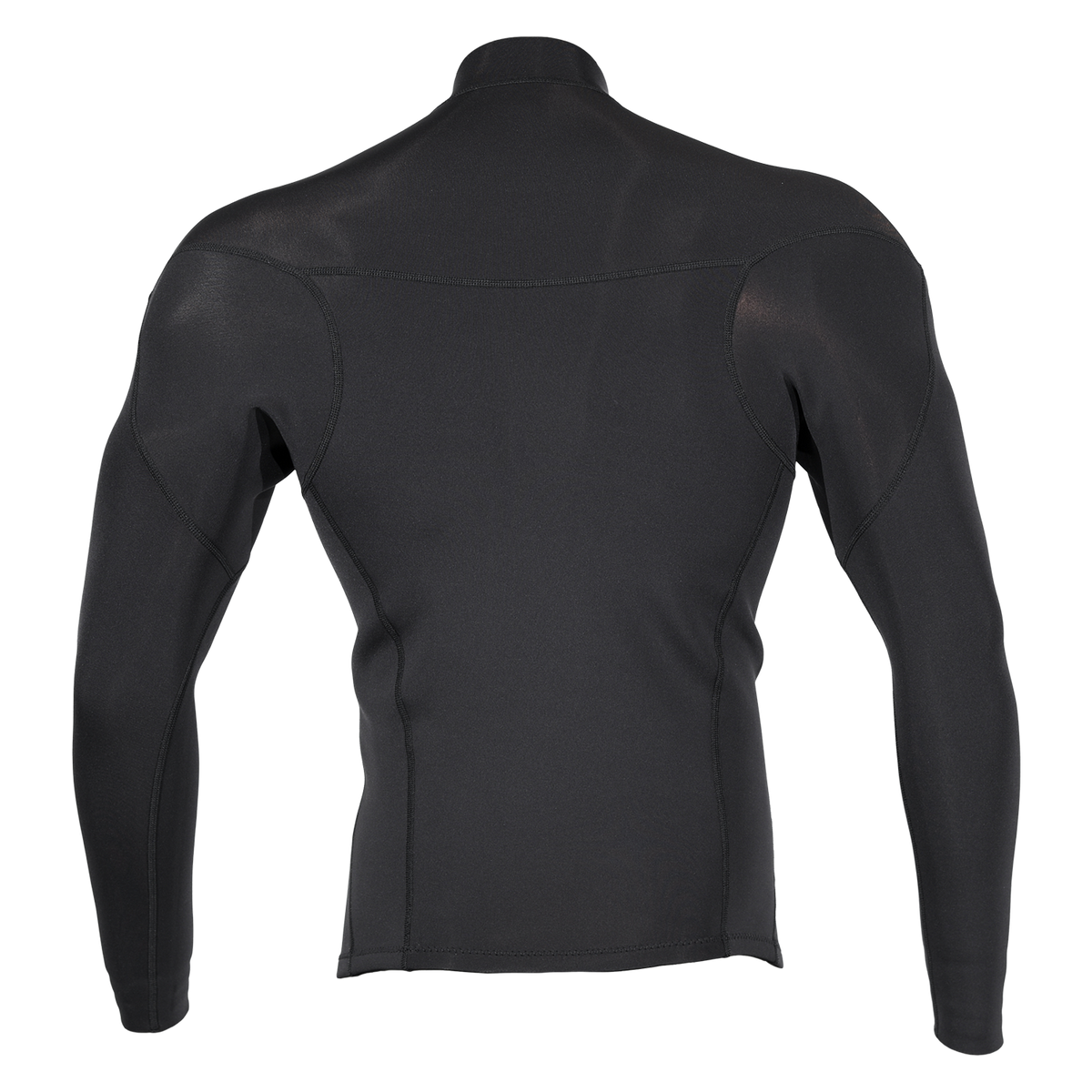 Back view of Wetsuit Top in solid black with long sleeves, a mock neck, raglan seams and an upper back seam.