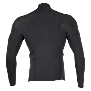 Back view of Wetsuit Top in solid black with long sleeves, a mock neck, raglan seams and an upper back seam.