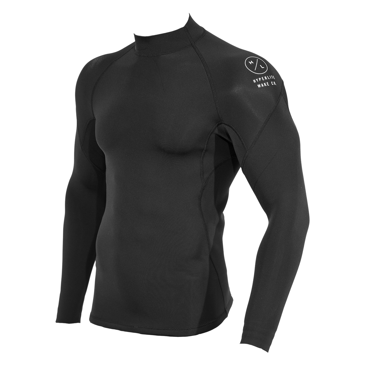 Angled front view of Wetsuit Top in black with raglan sleeves and a white Hyperlite Wake Co. shoulder logo.