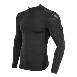 Angled front view of Wetsuit Top in black with raglan sleeves and a white Hyperlite Wake Co. shoulder logo.