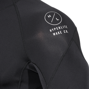 Close-up of the shoulder on Wetsuit Top showing a white Hyperlite Wake Co. logo and stitched neoprene seams.